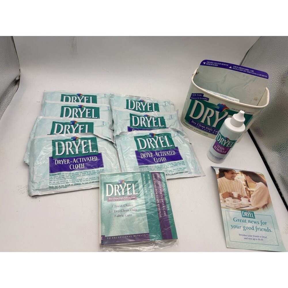 Vintage Dryel Dry Clean Only Fabric Care Kit 7 Cloths Bag Stain Remover P&G
